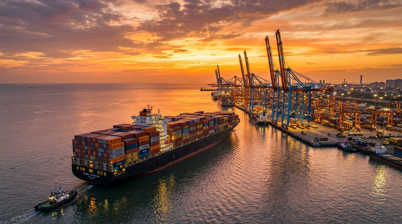 International Container Ship Departing Indian Seaport